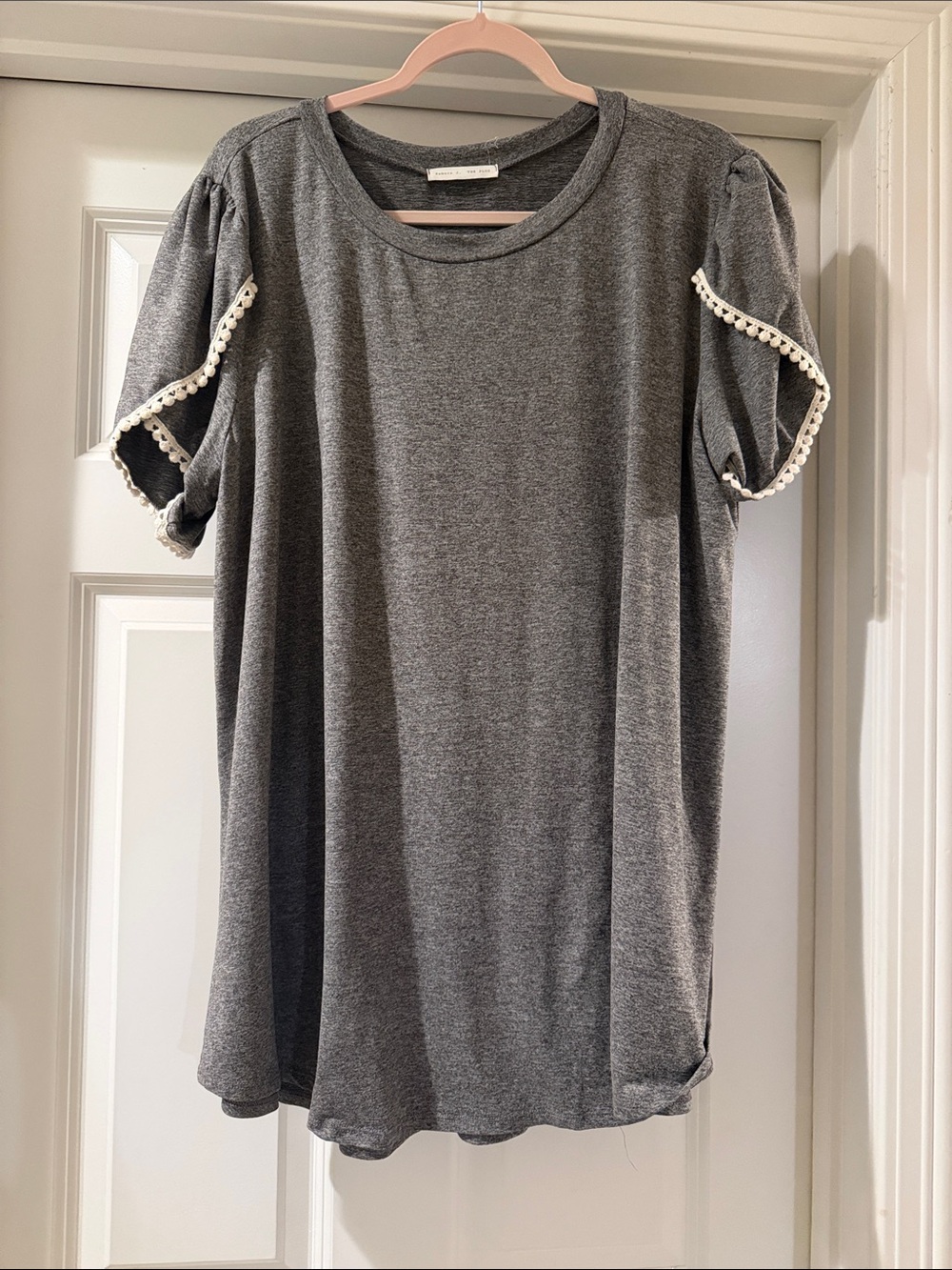 Reborn J Gray Short Sleeve Tee with Cream Pom Trim